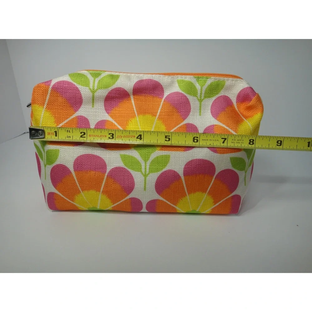 Clinique Makeup Bag Floral Print Canvas Cosmetic Pouch Orange Pink Retro Flower